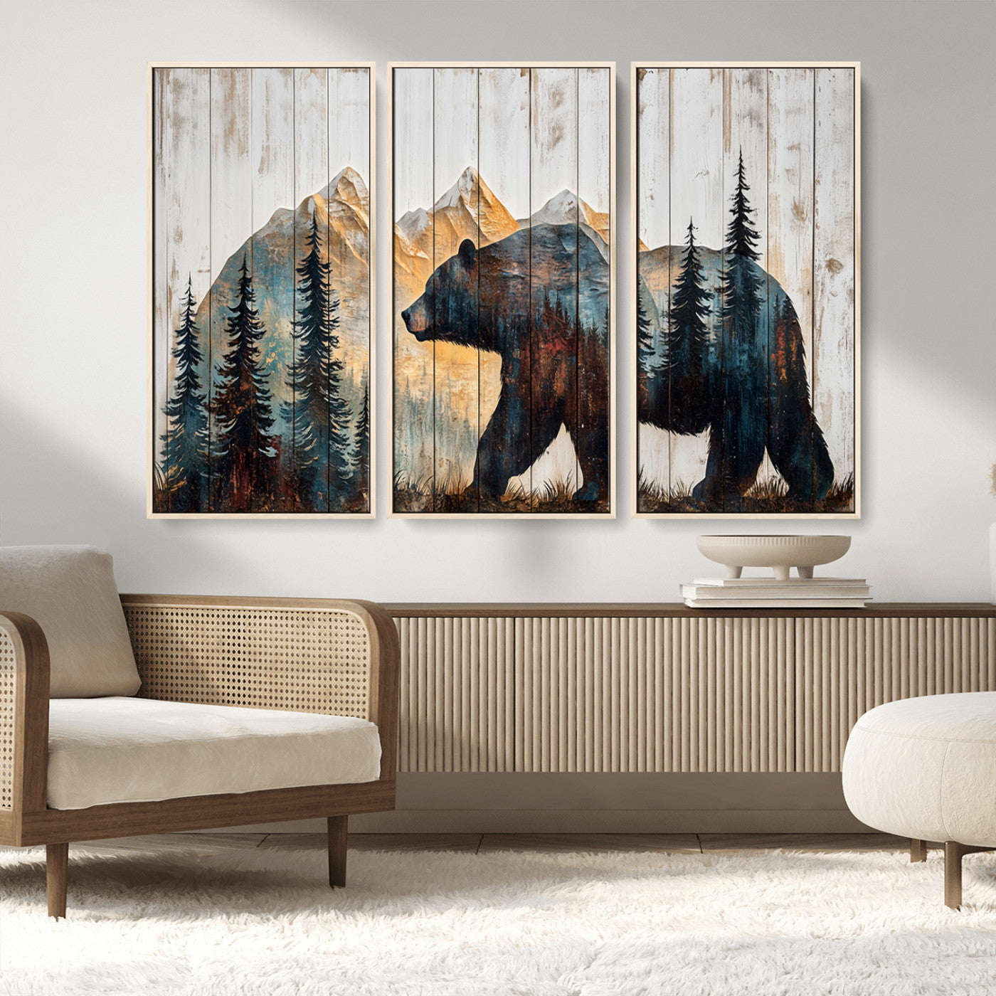 90077-MGV-CV-36X24-Wood Grizzly Bear Wall Art Canvas Print, Framed Abstract Bear Art Picture Print, Bear in Forest Perfect Rustic Lodge Decor Artwork