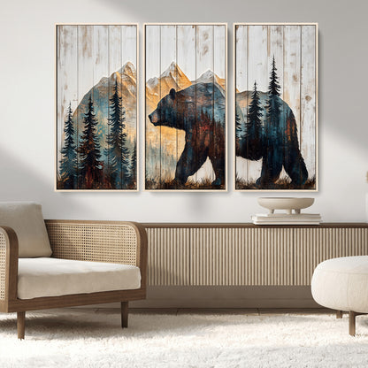 90077-MGV-CV-36X24-Wood Grizzly Bear Wall Art Canvas Print, Framed Abstract Bear Art Picture Print, Bear in Forest Perfect Rustic Lodge Decor Artwork