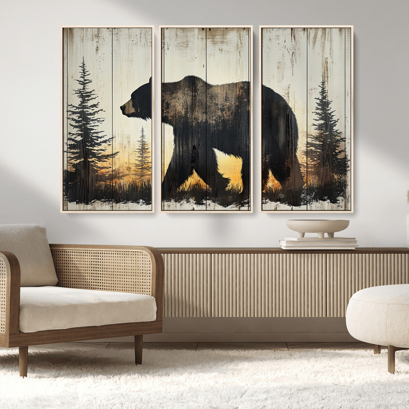 83875-MGV-CV-36X24-Sunset Bear Wall Art – Rustic Wildlife Canvas Print with Forest Silhouette, Cabin Lodge Decor for Living Room or Office
