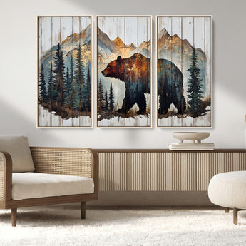 55777-MGV-CV-36X24-Rustic Bear Wall Art Canvas Print, Framed Mountain and Forest Art Picture Print, Wooden Bear Perfect Rustic Lodge Decor Artwork