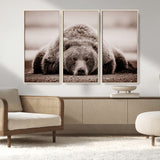 20611-MGV-FC-48X32-3P_Natural-Grizzly Bear Wall Art – Majestic Wildlife Sepia Canvas Print, Rustic Nature Animal Artwork for Cabin, Lodge, Living Room, Bedroom,