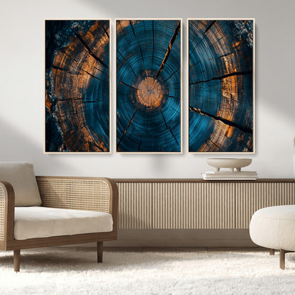65231-MGV-FC-48X32-3P_Natural-Blue and Gold Tree Ring Wall Art – Rustic Abstract Wood Slice Canvas Print, Modern Nature Inspired Artwork for Living Room,