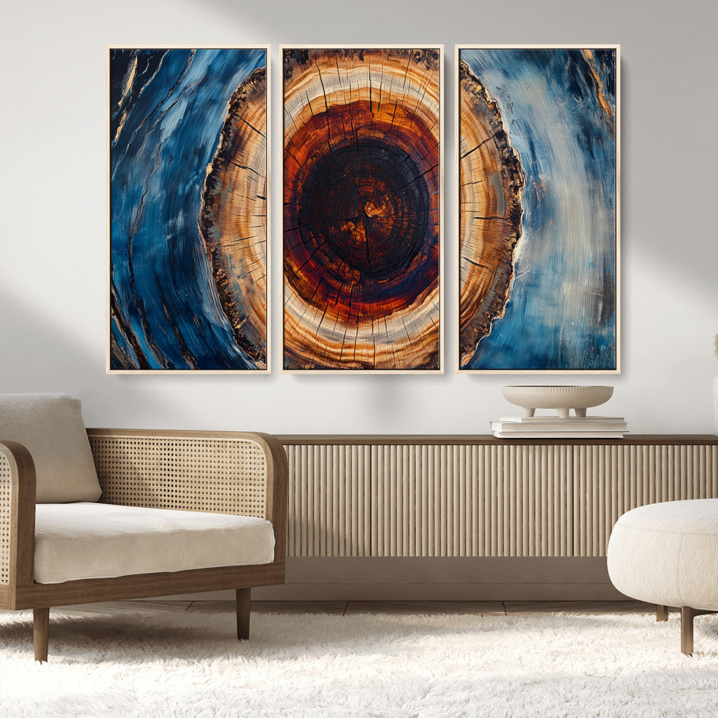 30457-MGV-FC-48X32-3P_Natural-Tree Ring Abstract Wall Art – Blue and Brown Wood Grain Canvas Print, Modern Nature Inspired Painting for Rustic Living Room,