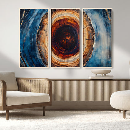 30457-MGV-FC-48X32-3P_Natural-Tree Ring Abstract Wall Art – Blue and Brown Wood Grain Canvas Print, Modern Nature Inspired Painting for Rustic Living Room,