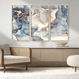 51497-MGV-FC-48X32-3P_Natural-Abstract Blue and Gold Wall Art – Modern Fluid Ink Style Canvas Print, Elegant Contemporary Decor for Living Room, Office