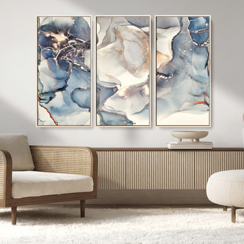 51497-MGV-FC-48X32-3P_Natural-Abstract Blue and Gold Wall Art – Modern Fluid Ink Style Canvas Print, Elegant Contemporary Decor for Living Room, Office