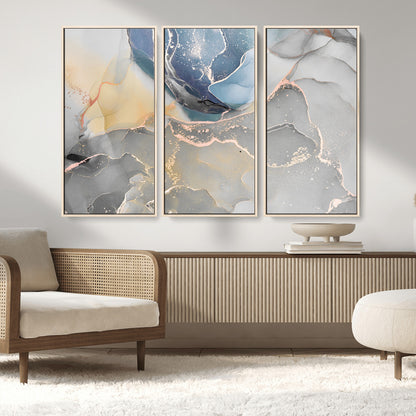 18176-MGV-CV-36X24-Abstract Fluid Wall Art – Modern Marble Ink Canvas Print with Blue, Gold, and Gray Tones, Contemporary Minimal Artwork Decor for
