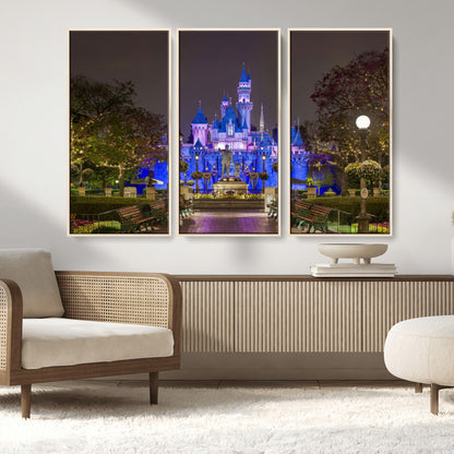 63560-MGV-FC-48X32-3P_Natural-Fairy Tale Castle Wall Art – Magical Night Scene Canvas Print with Lights and Gardens, Fantasy Architecture Artwork for Living