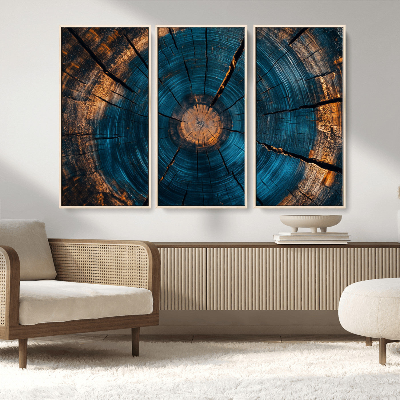 13398-MGV-FC-48X32-3P_Natural-Tree Ring Wall Art – Abstract Wood Grain Canvas Print with Blue and Orange Accents, Rustic Nature Inspired Artwork for Living