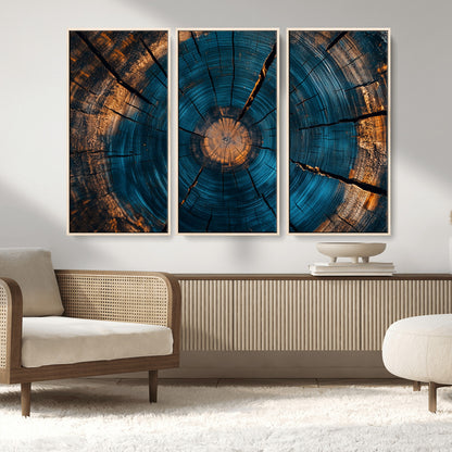 13398-MGV-FC-48X32-3P_Natural-Tree Ring Wall Art – Abstract Wood Grain Canvas Print with Blue and Orange Accents, Rustic Nature Inspired Artwork for Living