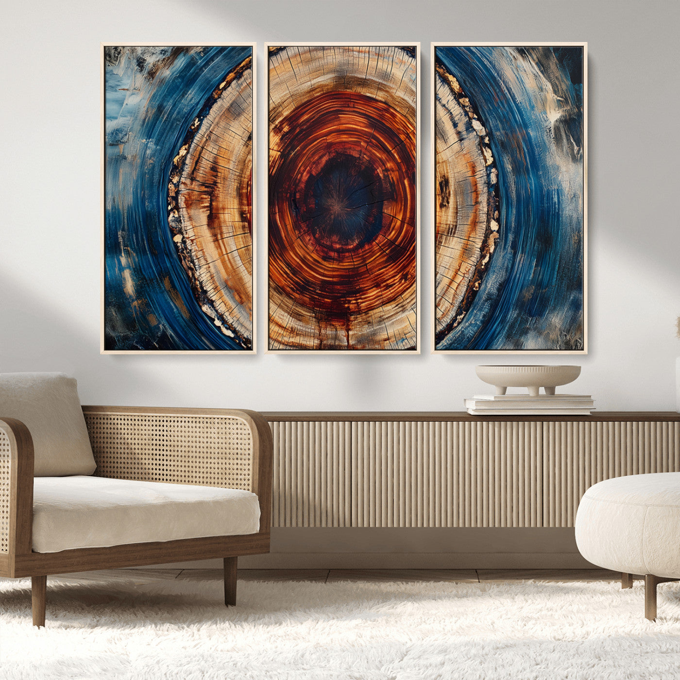 90395-MGV-FC-48X32-3P_Natural-Tree Ring Wall Art – Abstract Wood Grain Canvas Print with Fiery Red and Blue Tones, Bold Rustic Nature Inspired Artwork Decor for