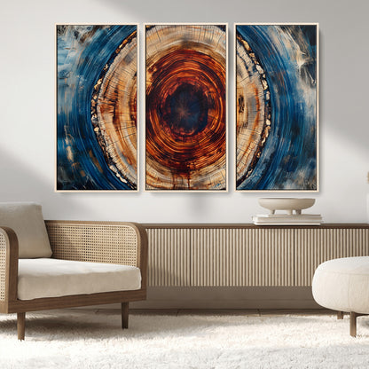 90395-MGV-FC-48X32-3P_Natural-Tree Ring Wall Art – Abstract Wood Grain Canvas Print with Fiery Red and Blue Tones, Bold Rustic Nature Inspired Artwork Decor for