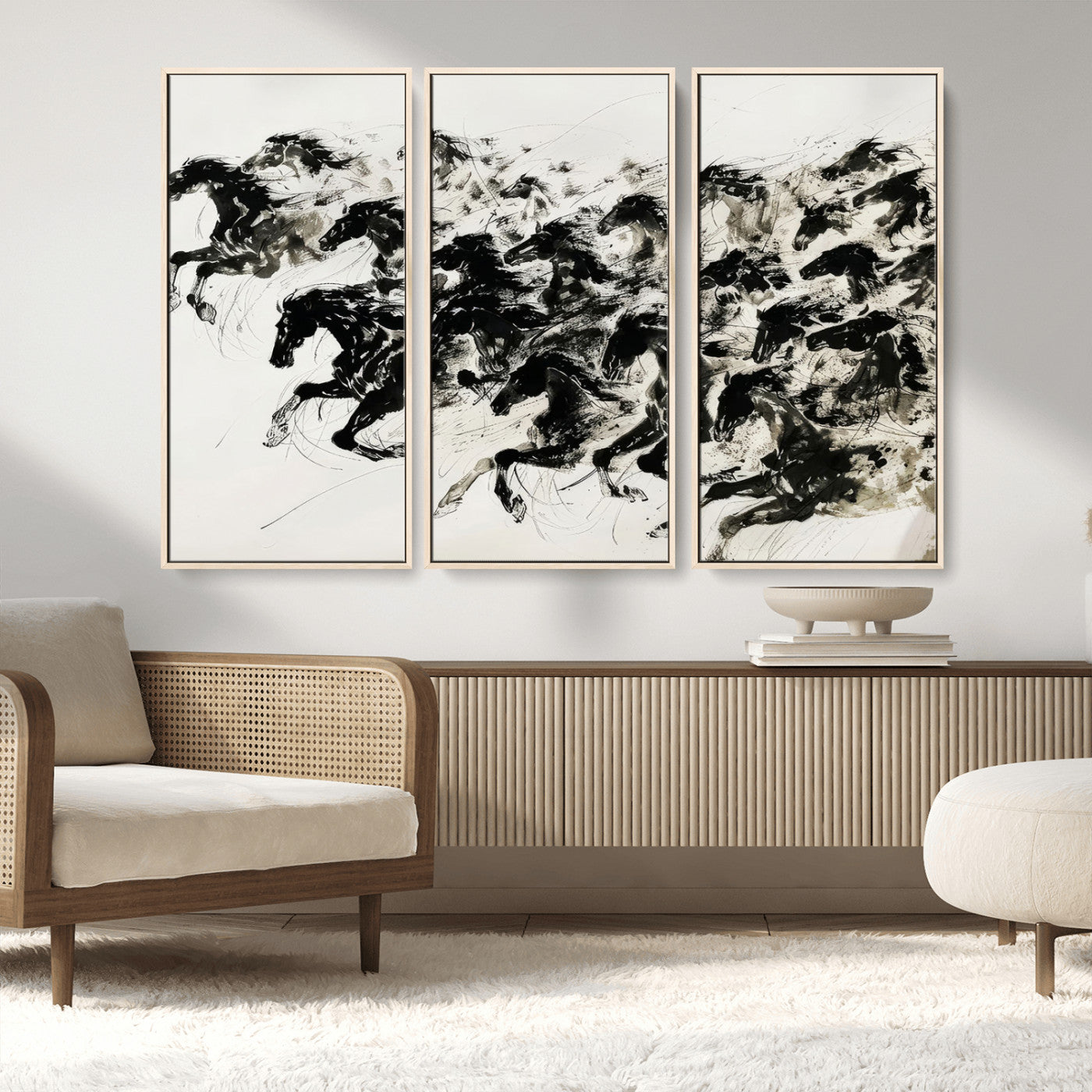 23069-MGV-FC-48X32-3P_Natural-Galloping Horses Wall Art – Black Ink Painting on Canvas, Dynamic Equestrian Artwork with Running Stallions, Expressive Modern