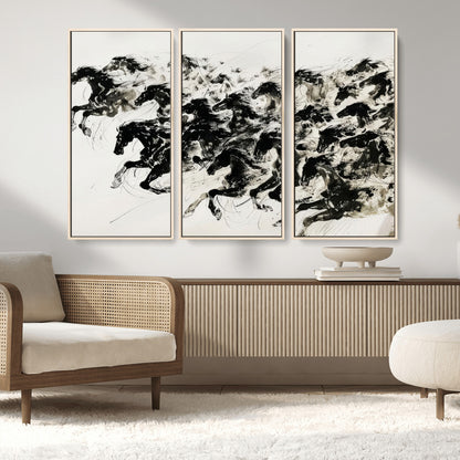 23069-MGV-FC-48X32-3P_Natural-Galloping Horses Wall Art – Black Ink Painting on Canvas, Dynamic Equestrian Artwork with Running Stallions, Expressive Modern