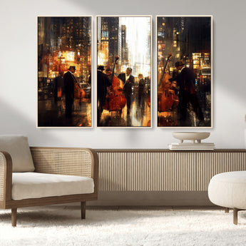 58782-MGV-FC-48X32-3P_Natural-Jazz Musicians Cityscape Wall Art – Vibrant Urban Night Canvas Print, Elegant Music Themed Decor for Living Room, Office, or Music