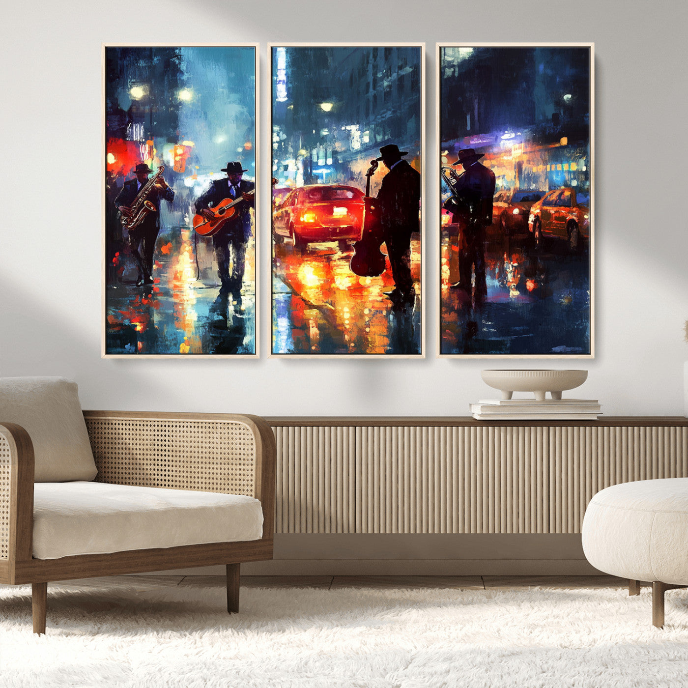 94605-MGV-FC-48X32-3P_Natural-City Jazz Night Wall Art – Vibrant Music Canvas Print Featuring Saxophone, Guitar and Bass Players, Urban Street Scene Artwork for