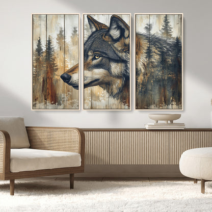 91882-MGV-CV-36X24-Wolf Wall Art – Rustic Canvas Print of Forest Wolf on Wood Background, Wildlife Lodge Artwork for Living Room, Bedroom, Cabin, or