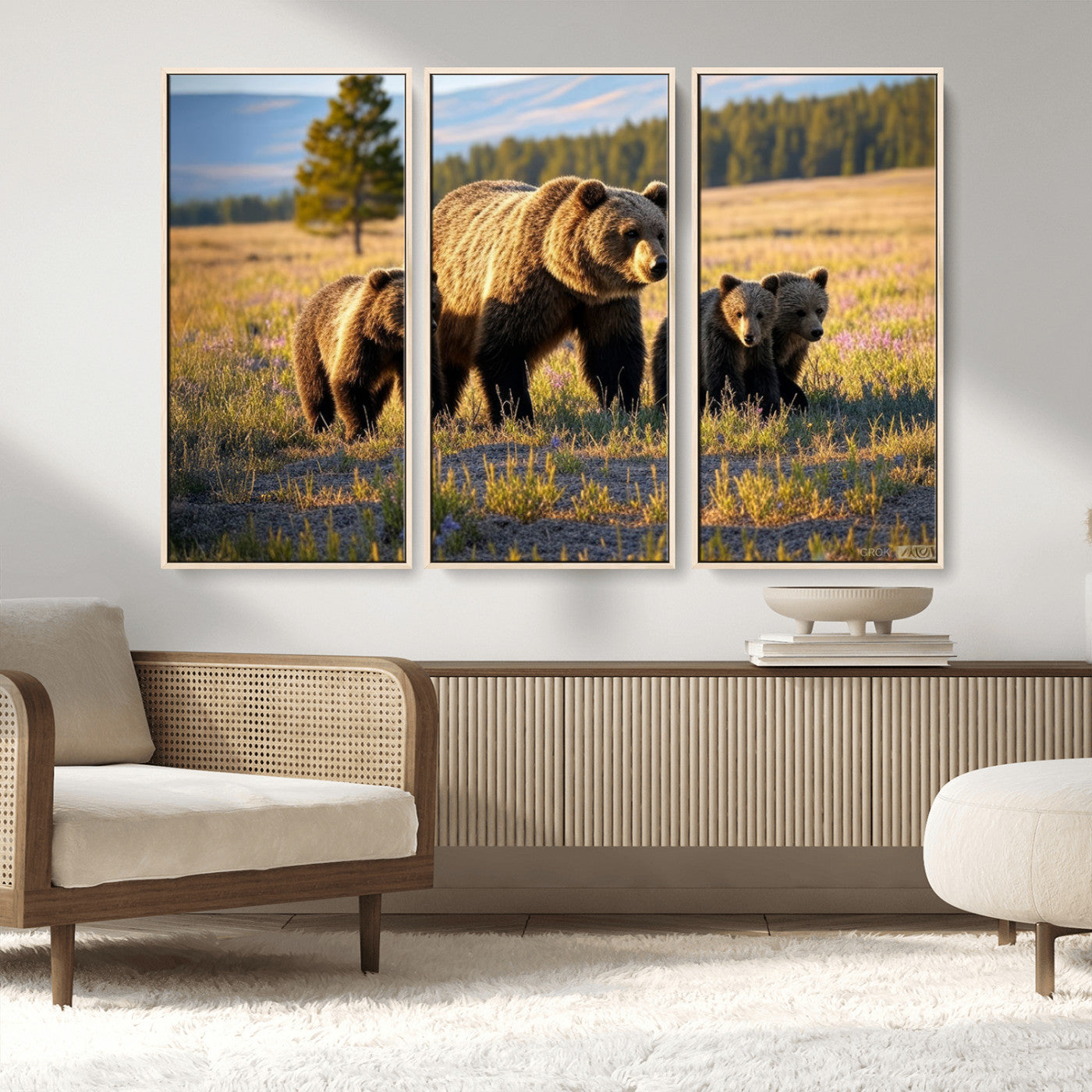 43400-MGV-FC-48X32-3P_Natural-Bear Family Wall Art – Wildlife Canvas Print of Mother Bear with Cubs in Sunlit Meadow, Rustic Animal Artwork for Living Room,
