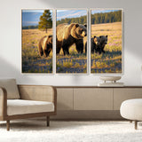 43400-MGV-FC-48X32-3P_Natural-Bear Family Wall Art – Wildlife Canvas Print of Mother Bear with Cubs in Sunlit Meadow, Rustic Animal Artwork for Living Room,