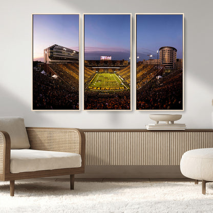 82557-MGV-FC-48X32-3P_Natural-College Football Stadium Wall Art – Panoramic Sunset Canvas Print with Marching Band and Game Day Crowd, Sports Artwork for Man