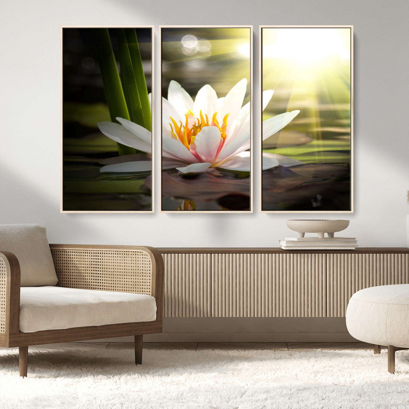 60352-MGV-CV-36X24-White Water Lily Wall Art – Lotus Flower Canvas Print with Sunlight Reflection, Peaceful Botanical Artwork for Living Room,