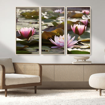 28394-MGV-FC-48X32-3P_Natural-Water Lily Pond Wall Art – Pink Lotus Flowers Canvas Print with Green Lily Pads, Peaceful Botanical Artwork for Living Room,
