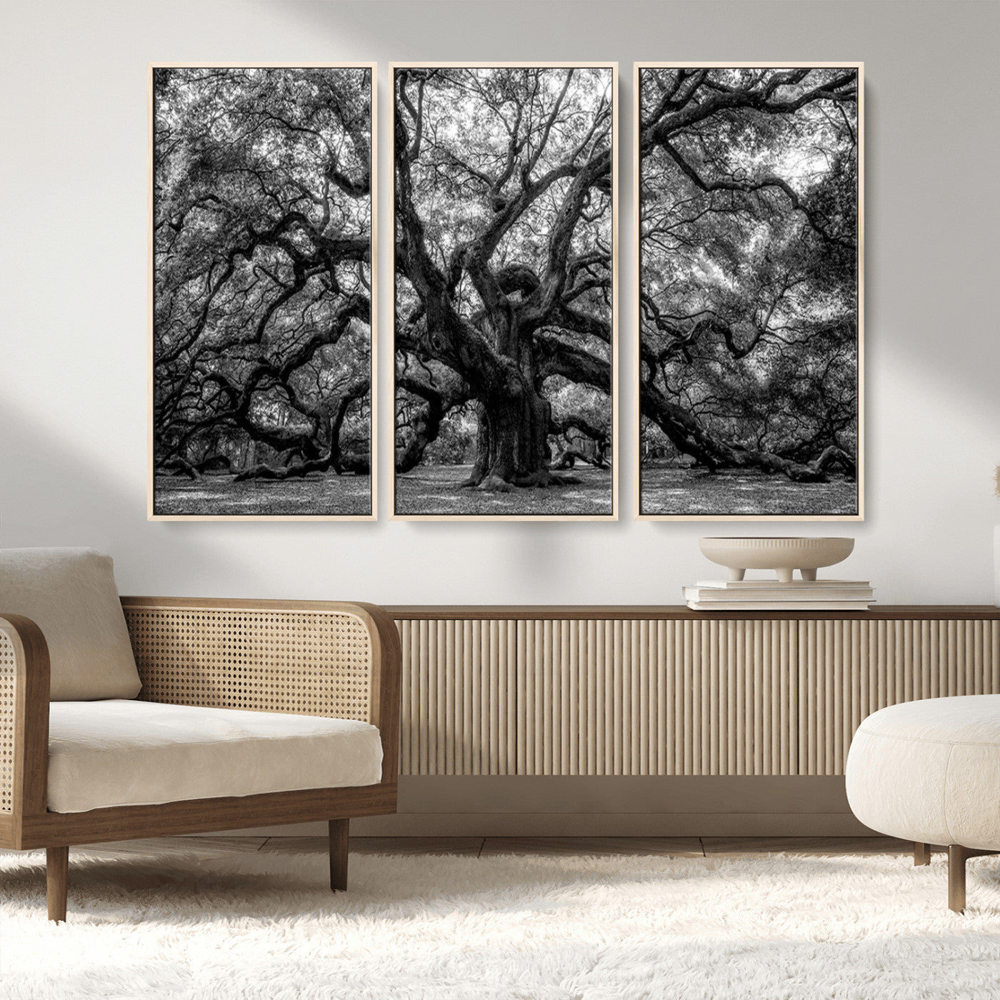 132944706-MGV-FC-48X32-3P_Natural-Ancient Tree Wall Art – Black and White Photography Canvas Print Featuring Majestic Twisting Branches, Rustic Nature Artwork for