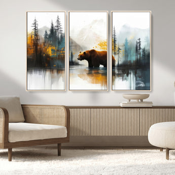 50308-MGV-CV-36X24-Abstract Rustic Bear Wall Art – Forest and Mountain Scene Canvas Print, Nature Artwork for Modern Farmhouse or Log Cabin Decor