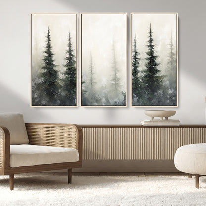 33241-MGV-FC-48X32-3P_Natural-Misty Forest Wall Art Canvas Print, Framed Foggy Pines Art Picture Print, Forest Haze Perfect Rustic Minimalist Decor Artwork