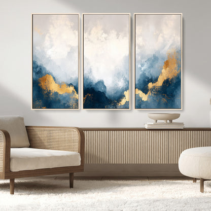 14578-MGV-CV-36X24-Abstract Wall Art – Modern Canvas Print Featuring Blue and White Clouds with Golden Accents, Contemporary Elegant Artwork for