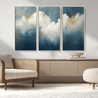 75131-MGV-CV-36X24-Abstract Cloud Wall Art – Modern Canvas Print Featuring Blue and White Clouds with Golden Accents, Contemporary Artwork for Living