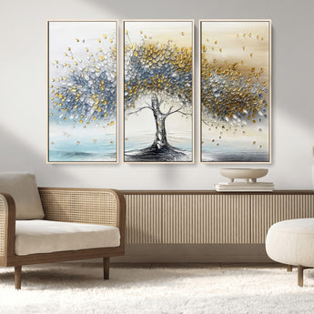 24771-MGV-FC-48X32-3P_Natural-Silver Tree Wall Art Canvas Print, Framed Golden Leaves Art Picture Print, Metallic Tree Perfect Minimalist Luxury Decor Artwork