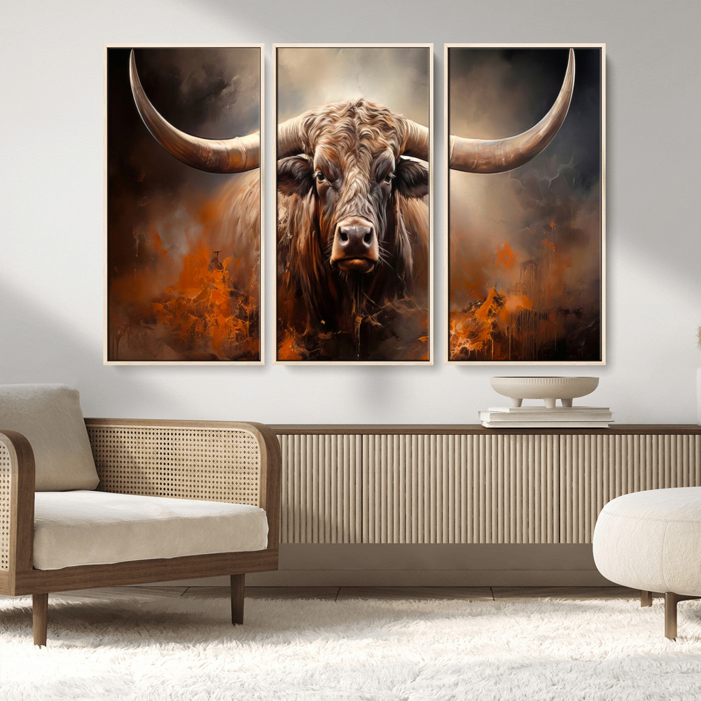 240479-MGV-FC-48X32-3P_Natural-Longhorn Bull Wall Art – Dramatic Western Canvas Print Featuring Horned Bull with Fiery Background, Rustic Farmhouse Artwork for