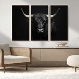 97914921-MGV-FC-48X32-3P_Natural-Black Bull Wall Art Canvas Print, Framed Longhorn Bull Art Picture Print, Western Bull Perfect Monochrome Western Decor Artwork