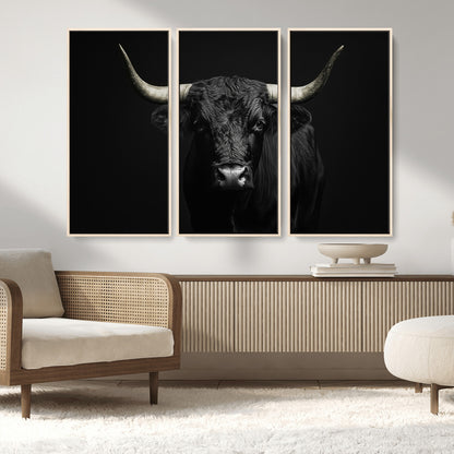 97914921-MGV-FC-48X32-3P_Natural-Black Bull Wall Art Canvas Print, Framed Longhorn Bull Art Picture Print, Western Bull Perfect Monochrome Western Decor Artwork