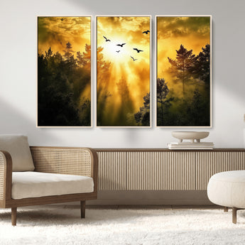 13776802-MGV-CV-36X24-Golden Forest Wall Art Canvas Print, Framed Sunset Pines Art Picture Print, Flying Birds Perfect Nature Glow Decor Artwork