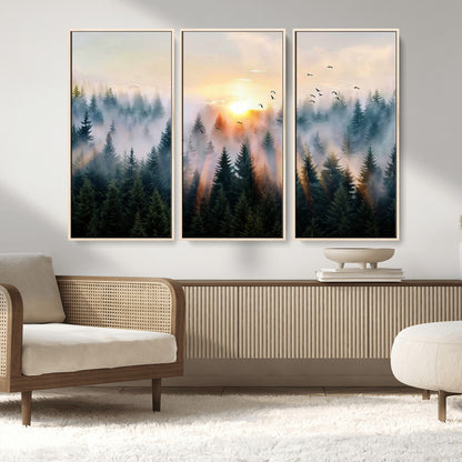 56391411-MGV-CV-36X24-Misty Forest Wall Art Canvas Print, Framed Sunrise Pines Art Picture Print, Moody Pines Perfect Serene Woodland Decor Artwork