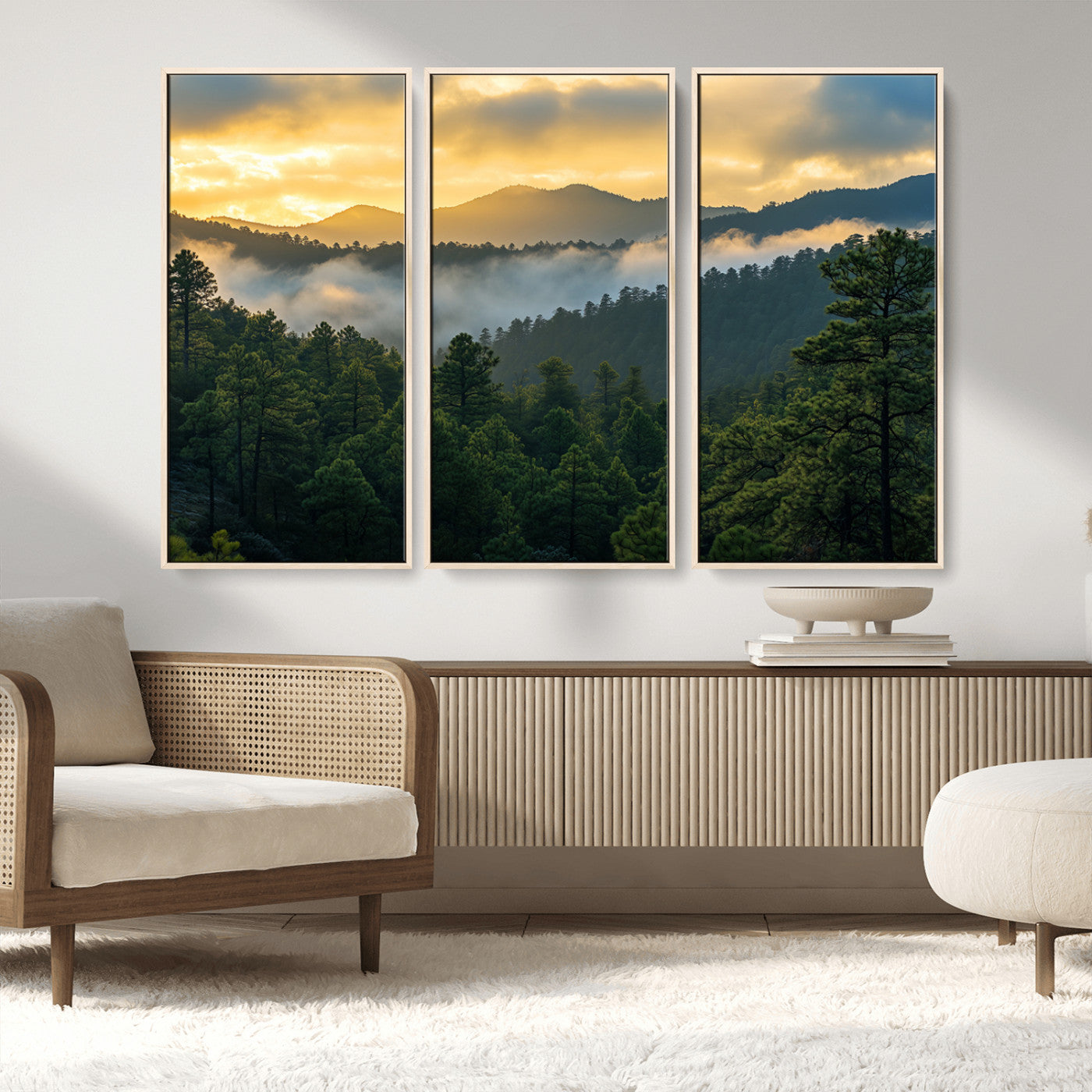 68082278-MGV-FC-48X32-3P_Natural-Mountain Sunrise Wall Art Canvas Print, Framed Pine Forest Art Picture Print, Misty Mountains Perfect Earthy Woodland Decor