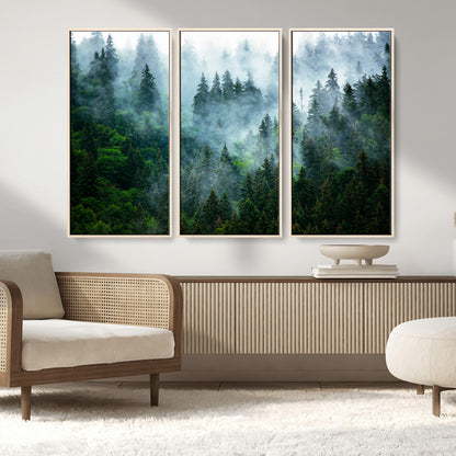 17393683-MGV-FC-48X32-3P_Natural-Misty Forest Art Wall Art Canvas Print, Framed Foggy Mountain Art Art Picture Print, Scenic Wall Print Perfect Decor Artwork