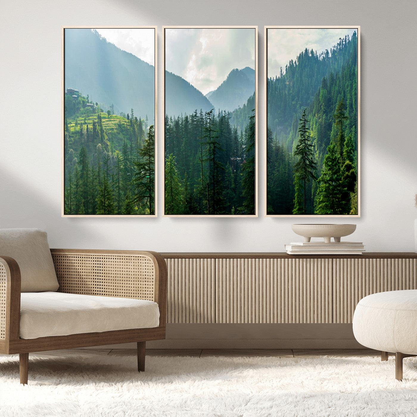 83417191-MGV-CV-36X24-Misty Mountain Forest Wall Art – Pine Tree Landscape Canvas Print, Nature Photography Panorama, Tranquil Green Forest Décor for