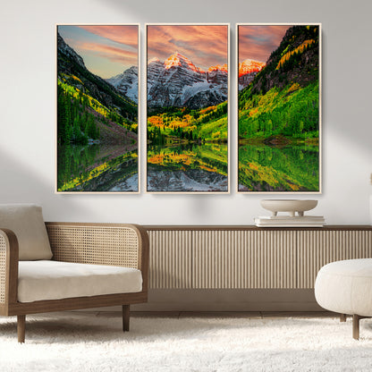 59533484-MGV-CV-36X24-Maroon Bells Autumn Wall Art – Panoramic Mountain Landscape Canvas Print, Sunset Reflection Nature Artwork for Living Room, Office