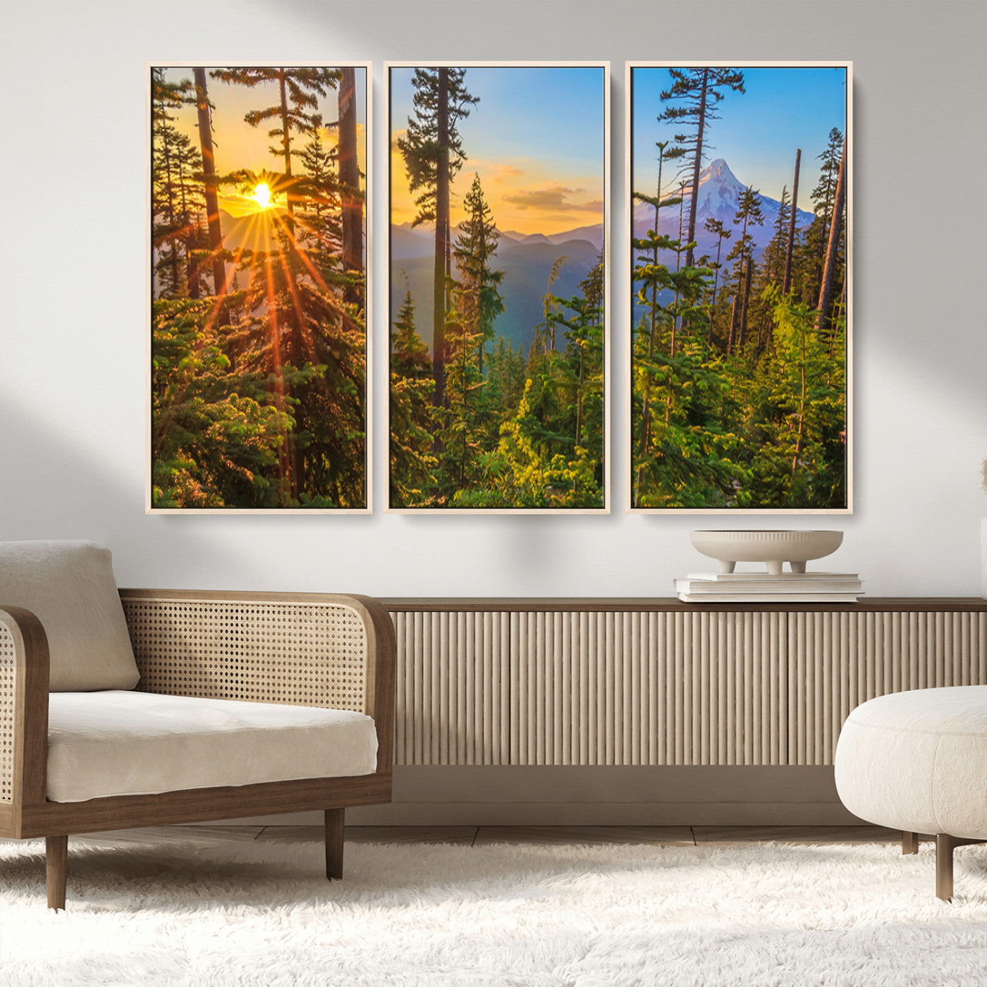 83544043-MGV-FC-48X32-3P_Natural-Forest Sunset Wall Art Canvas Print, Framed Sunset Trees Art Picture Print, Green Pines Perfect Rustic Nature Decor Artwork