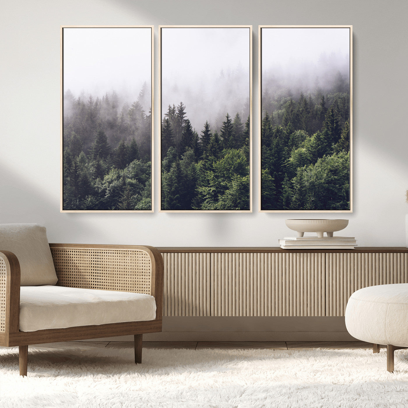 62890402-MGV-FC-48X32-3P_Natural-Misty Forest Wall Art Canvas Print, Framed Foggy Pines Art Picture Print, Pine Valley Perfect Moody Woodland Decor Artwork