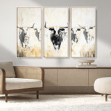 40397799-MGV-FC-48X32-3P_Natural-Texas Longhorn Wall Art Canvas Print, Framed Rustic Herd Art Picture Print, Western Bull Perfect Neutral Western Decor Artwork