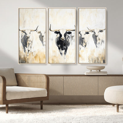 40397799-MGV-FC-48X32-3P_Natural-Texas Longhorn Wall Art Canvas Print, Framed Rustic Herd Art Picture Print, Western Bull Perfect Neutral Western Decor Artwork