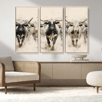 61538944-MGV-FC-48X32-3P_Natural-Texas Longhorn Wall Art Canvas Print, Framed Cattles Walking Art Picture Print, Black White Bulls Perfect Rustic Western Decor