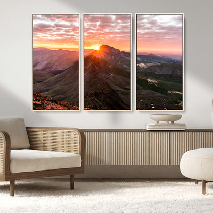 50957419-MGV-FC-48X32-3P_Natural-Mountain Sunrise Wall Art Canvas Print, Framed Alpine Ridge Art Picture Print, Mountain Range Perfect Vibrant Rustic Decor Artwork