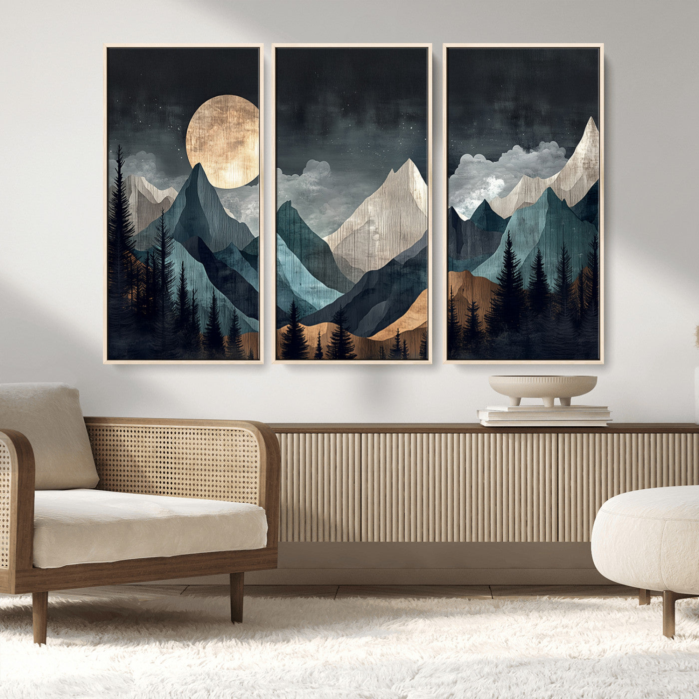 11060882-MGV-CV-36X24-Moonlit Mountains Wall Art Canvas Print, Framed Forest Silhouette Art Picture Print, Night Landscape Perfect Modern Forest Decor