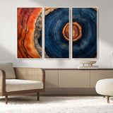 72209152-MGV-FC-48X32-3P_Natural-Abstract Tree Ring Wall Art – Vibrant Blue Orange Wood Grain Canvas Print, Rustic Modern Nature Artwork for Living Room, Office,