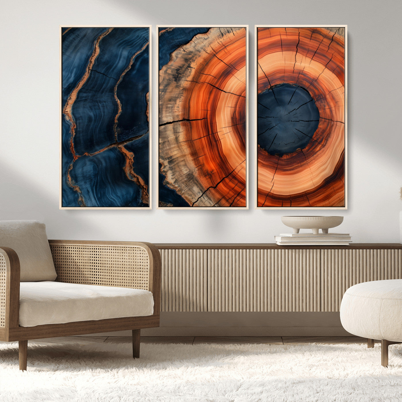 41123192-MGV-CV-36X24-Tree Ring Canvas Wall Art – Abstract Blue Orange Wood Grain Print, Rustic Modern Nature Artwork for Living Room, Bedroom, Office